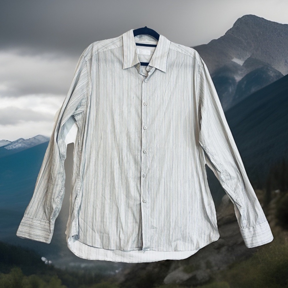 Prada Dress Shirt Mens 44 17.5 White And PastelStripe Stretch Logo Made In Italy